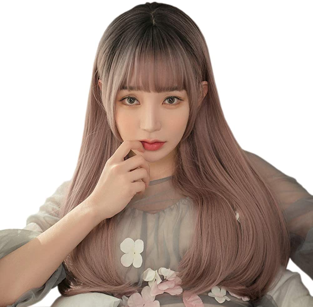 FESHFEN ウィッグ フルウィッグ グデーション かつら ロング ストレート ぱっつん 姫カット 姫髪 ワンカール レディース wig 小顔効果 自然 可愛い ロリータ 原宿 透け感 DZZ13