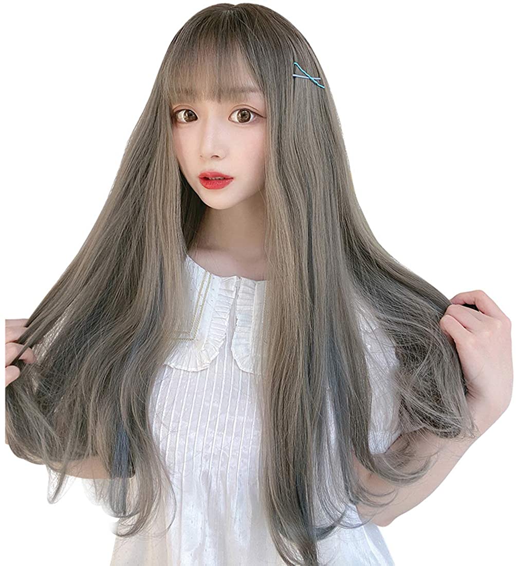 FESHFEN ウィッグ フルウィッグ ハイライトカラー カラーリング 混色 ローライト かつら ロングカール レディース ストレート wig ぱっつん 小顔効果 ゆるいカール 自然 原宿 ネット付き 5色 DZ83