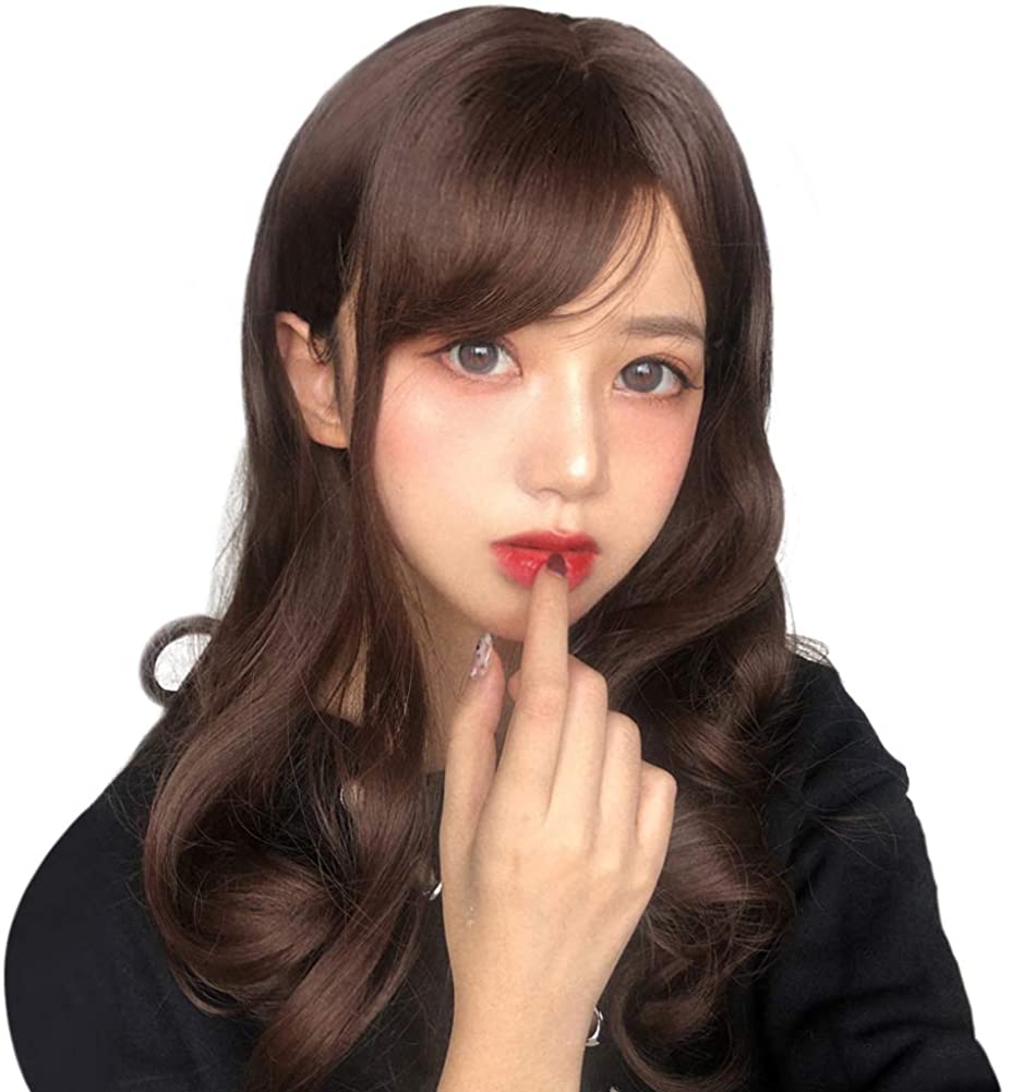 FESHFEN ウィッグ セミロング カール ミディアム 斜めバング サイドバング フルウィッグ ロング かつら レディース wig 女性 おしゃれ 自然 ネット付き DZ63