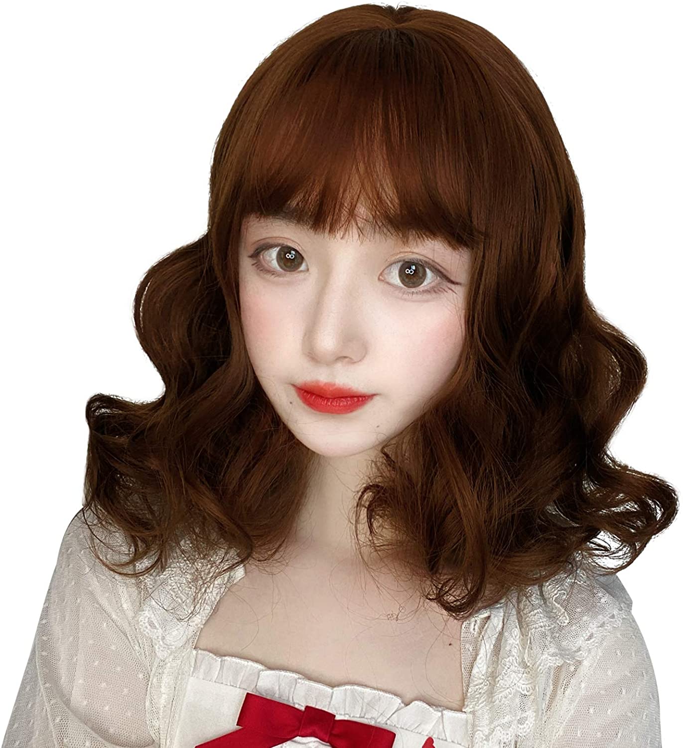 FESHFEN ウィッグ セミロング ボブ フルウィッグ かつら レディース ショート ミディアム カール wig おしゃれ 耐熱 かわいい髪型 自然 ネット付き DZ64