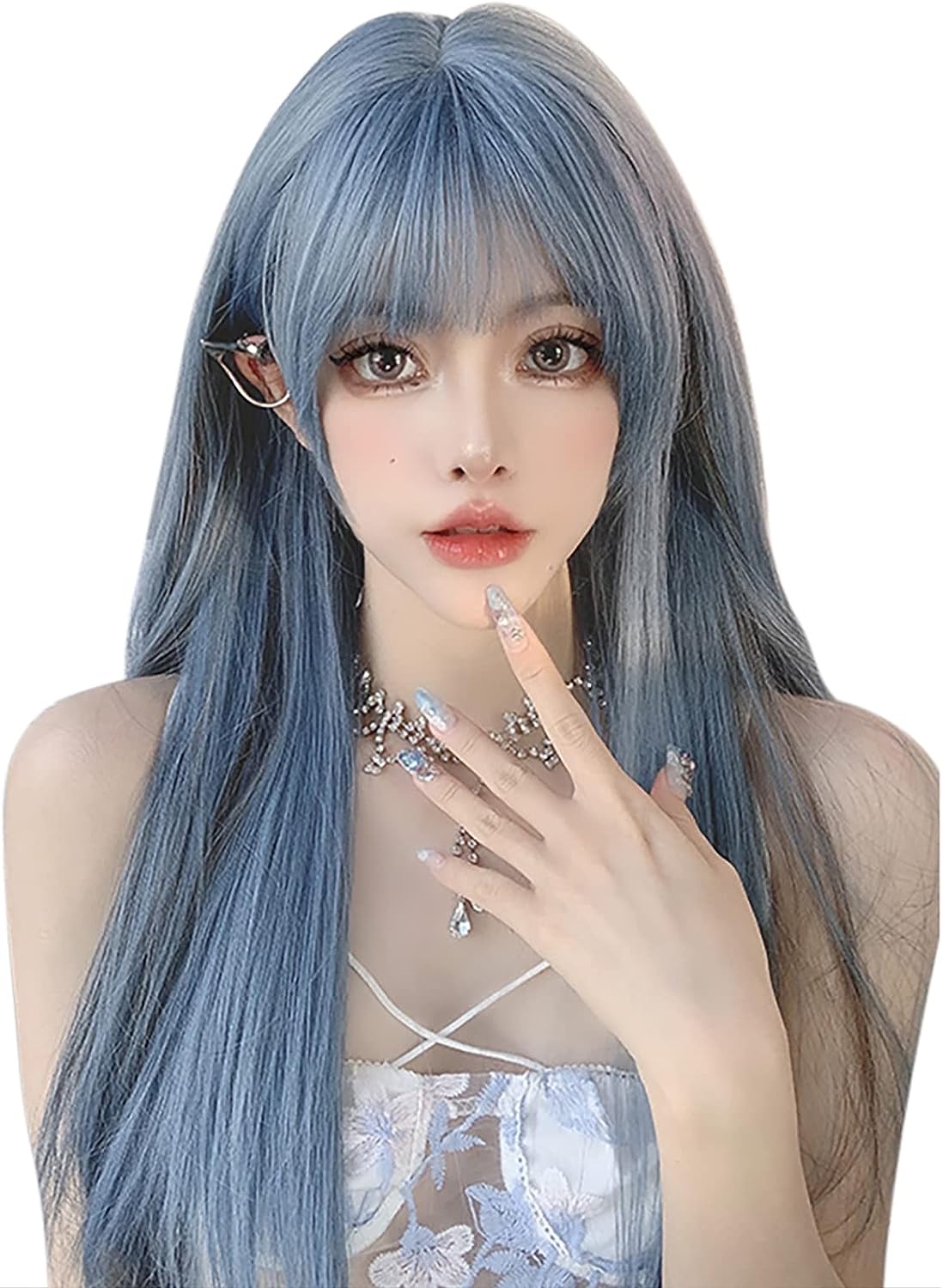 FESHFEN ウィッグ ロング ストレート かつら フルウィッグ 自然 女装 レディーズ wig 原宿系 カツラ ぱっつん ファッション 日常 コスプレ 小顔 人気 可愛い 耐熱 ネット/櫛付き マーメイドブルー