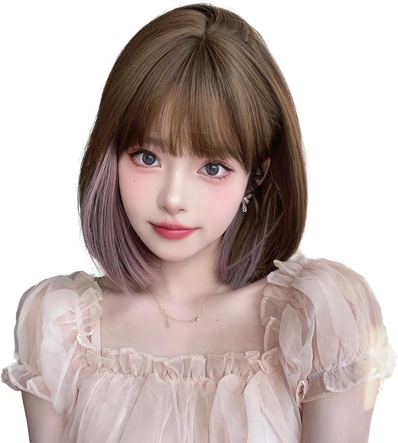 FESHFEN ウィッグ ショート ボブ フルウィッグ レディーズ ストレート 女性用 女装 自然 かつら ショートwig おしゃれ ぱっつん前髪 小顔 ファション ナチュラル 普段使い ネット/櫛付き ハニーブラウン&ピンク