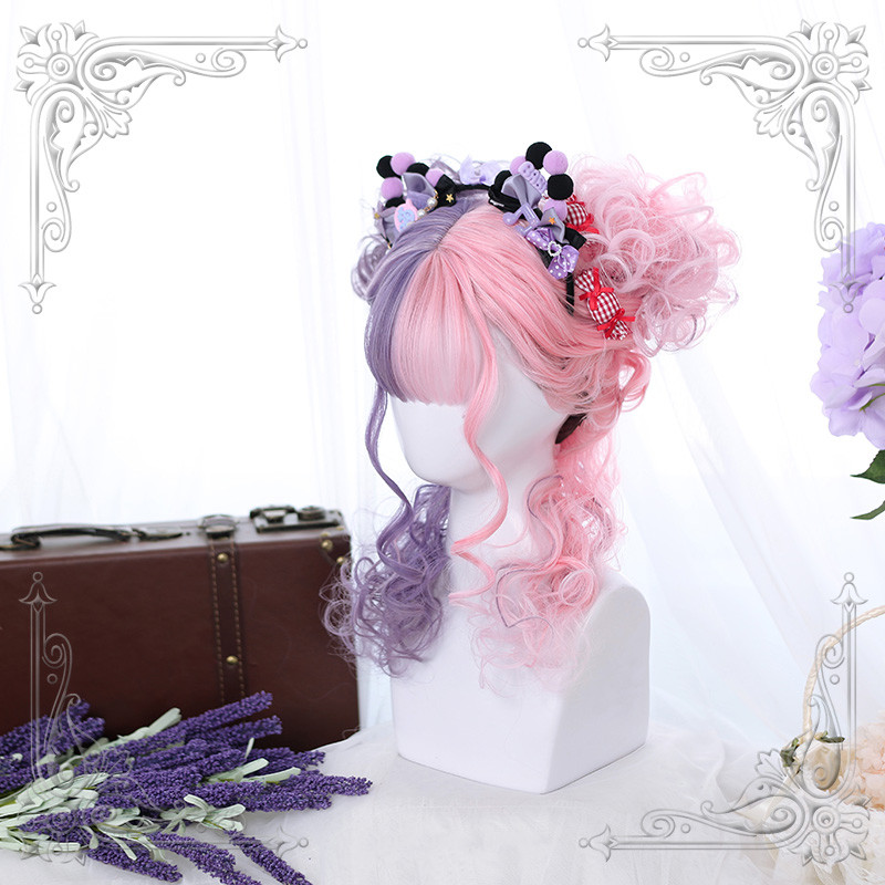 ロリータ「草莓熊」自然 人工頭皮 空気感前髪 紫粉 巻ショートヘアウィッグ 耐熱 lolita風 日常可愛いwig