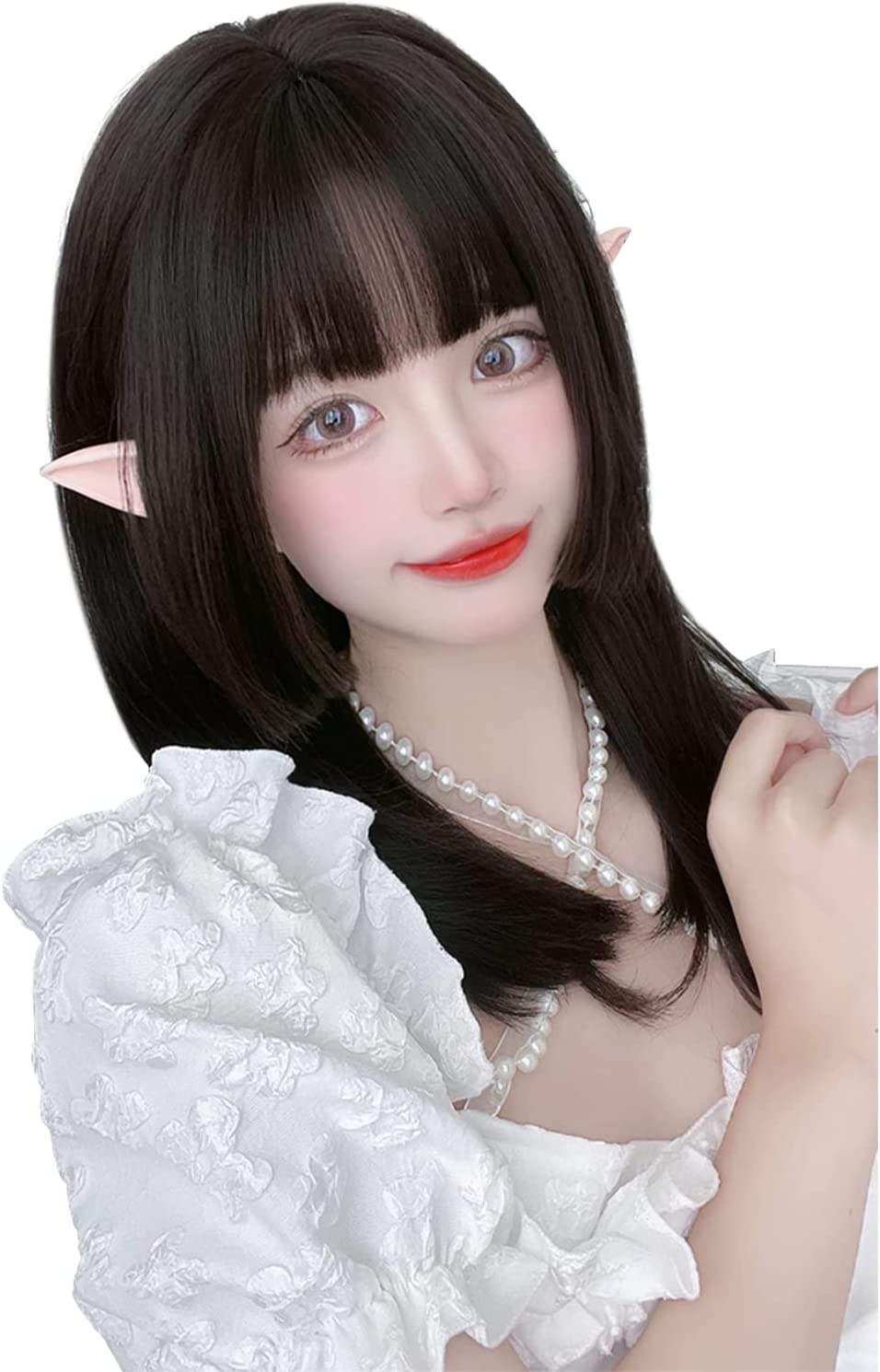 FESHFEN ウィッグ セミロング 姫カット フルウィッグ ミディアム 姫髪 ロング 女装 レディーズ ストレート コスプレ ぱっつん 小顔 耐熱 ファッション ロリータ 可愛い ネット/櫛付き