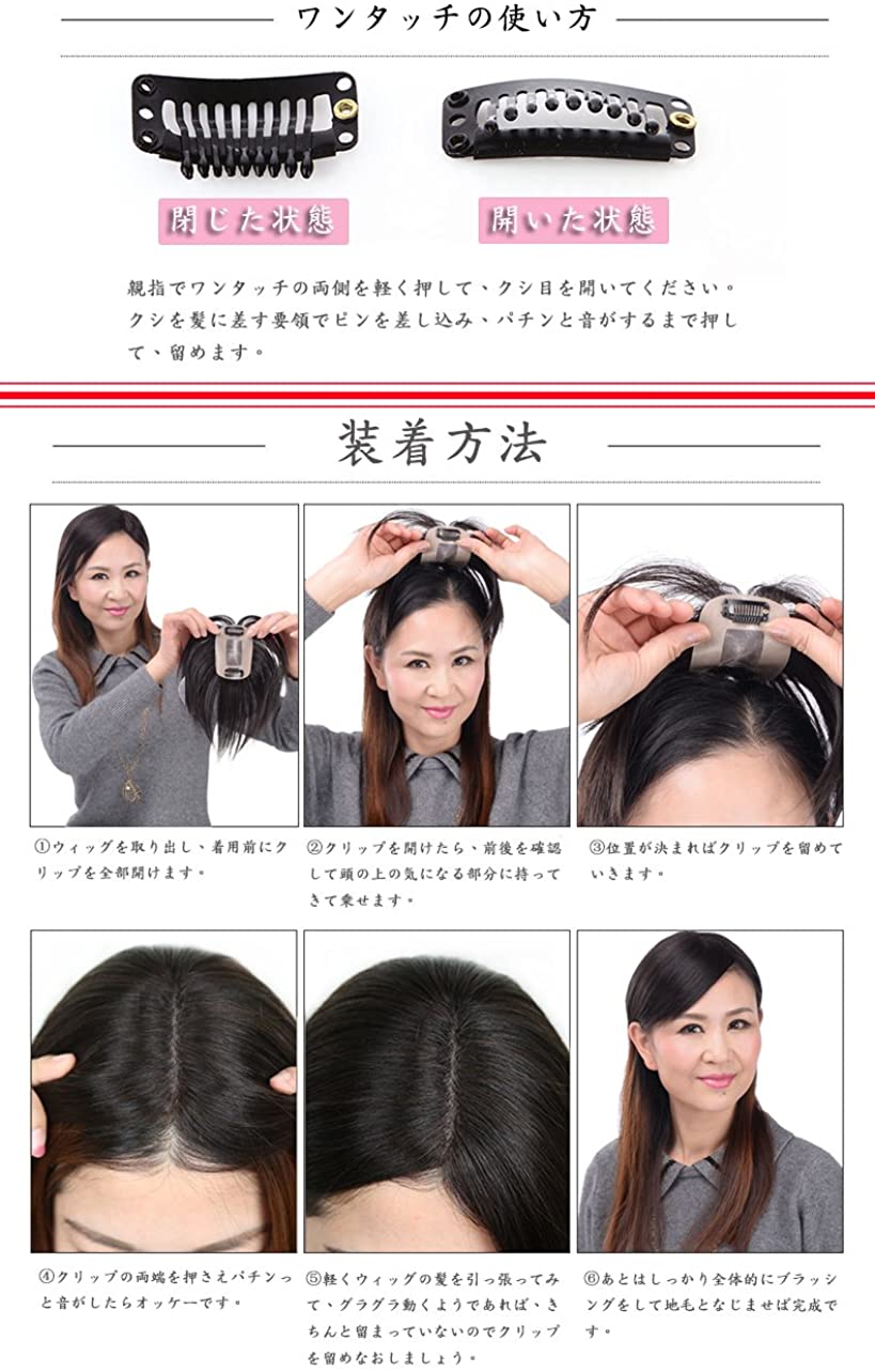 FESHFEN ウィッグ ポイントウィッグ 白髪隠れ wig ヘアピース 人毛 部分ウィッグ ステルス手植え トップカバー 自然黒 レディース