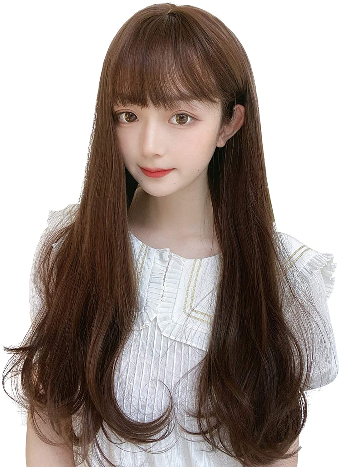 FESHFEN ウィッグ フルウィッグ ハイライトカラー カラーリング 混色 ローライト かつら ロングカール レディース ストレート wig ぱっつん 小顔効果 ゆるいカール 自然 原宿 ネット付き 5色 DZ83