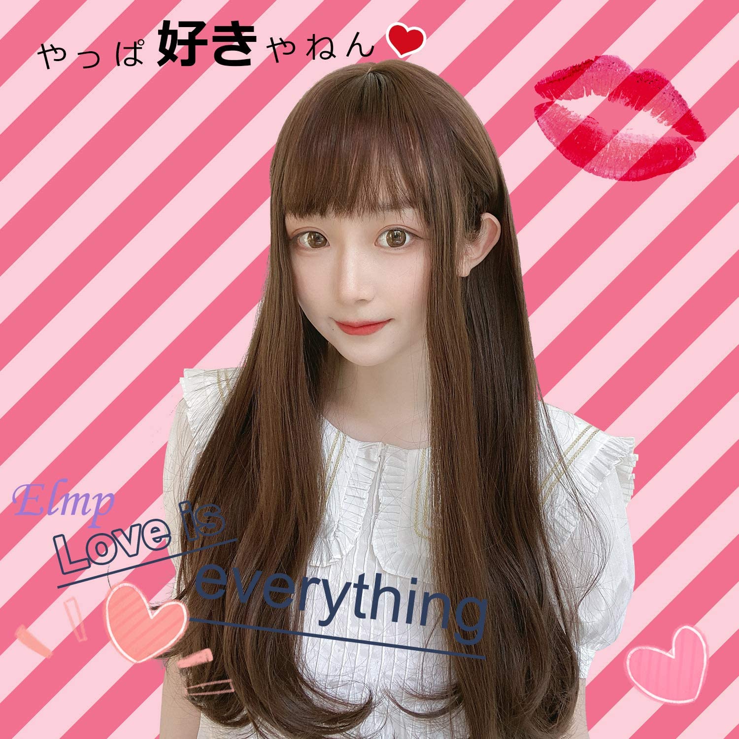 FESHFEN ウィッグ フルウィッグ ハイライトカラー カラーリング 混色 ローライト かつら ロングカール レディース ストレート wig ぱっつん 小顔効果 ゆるいカール 自然 原宿 ネット付き 5色 DZ83