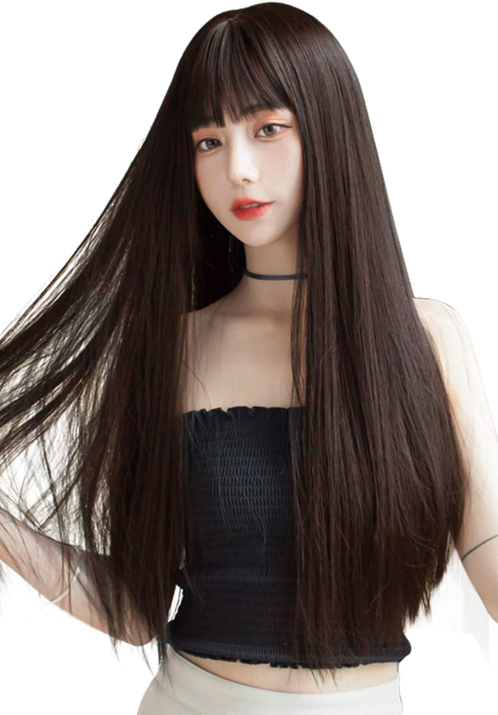 FESHFEN ウィッグ ロング ストレート かつら フルウィッグ 自然 女装 レディーズ wig 原宿系 カツラ ぱっつん ファッション 日常 コスプレ 小顔 人気 可愛い 耐熱 ネット/櫛付き チョコブラウン - ウインドウを閉じる