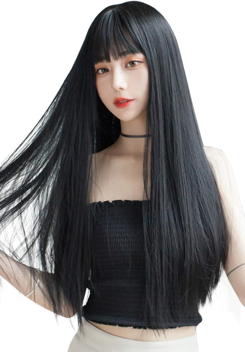 FESHFEN ウィッグ ロング ストレート かつら フルウィッグ 自然 女装 レディーズ wig 原宿系 カツラ ぱっつん ファッション 日常 コスプレ 小顔 人気 可愛い 耐熱 ネット/櫛付き 黒髪 ブラック