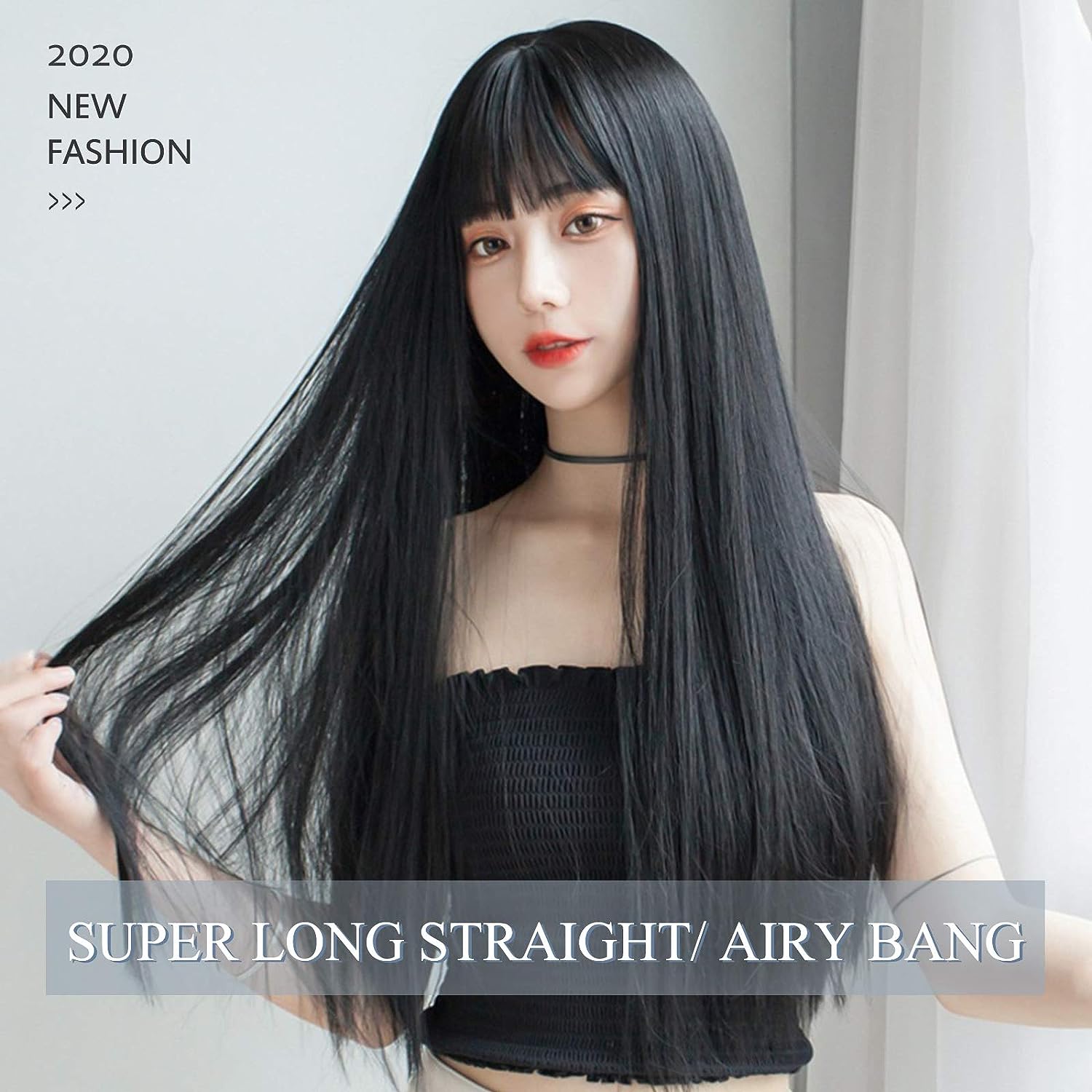 FESHFEN ウィッグ ロング ストレート かつら フルウィッグ 自然 女装 レディーズ wig 原宿系 カツラ ぱっつん ファッション 日常 コスプレ 小顔 人気 可愛い 耐熱 ネット/櫛付き 黒髪 ブラック