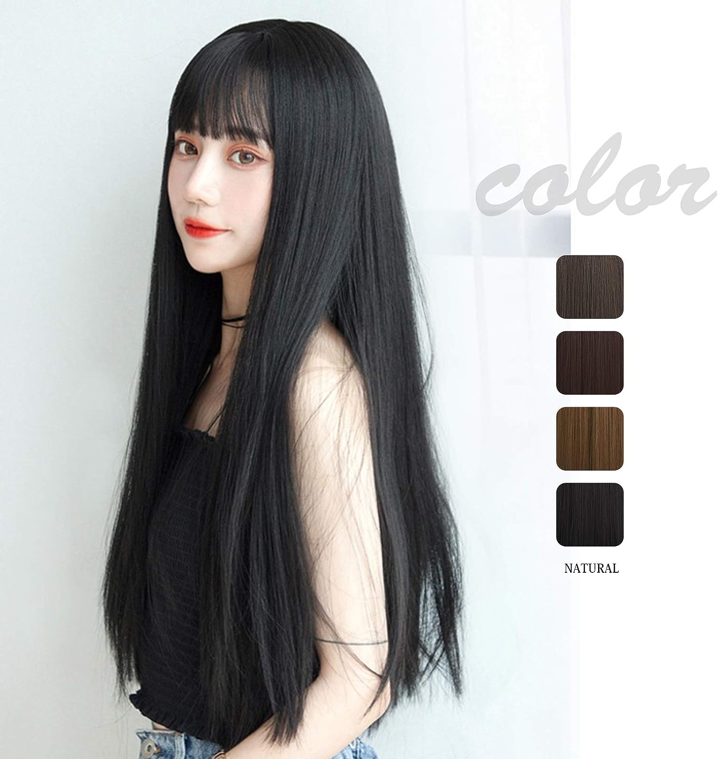 FESHFEN ウィッグ ロング ストレート かつら フルウィッグ 自然 女装 レディーズ wig 原宿系 カツラ ぱっつん ファッション 日常 コスプレ 小顔 人気 可愛い 耐熱 ネット/櫛付き 黒髪 ブラック