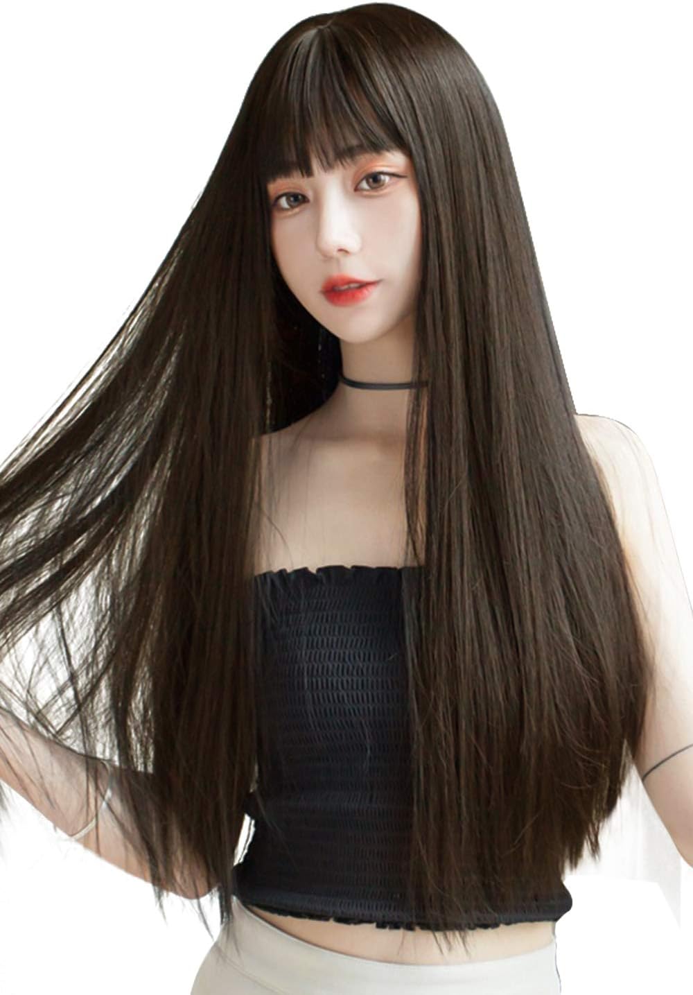 FESHFEN ウィッグ ロング ストレート かつら フルウィッグ 自然 女装 レディーズ wig 原宿系 カツラ ぱっつん ファッション 日常 コスプレ 小顔 人気 可愛い 耐熱 ネット/櫛付き クールブラウン