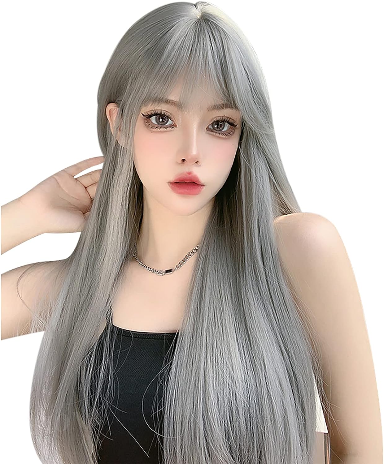 FESHFEN ウィッグ ロング ストレート かつら フルウィッグ 自然 女装 レディーズ wig 原宿系 カツラ ぱっつん ファッション 日常 コスプレ 小顔 人気 可愛い 耐熱 ネット/櫛付き シルバーグレー