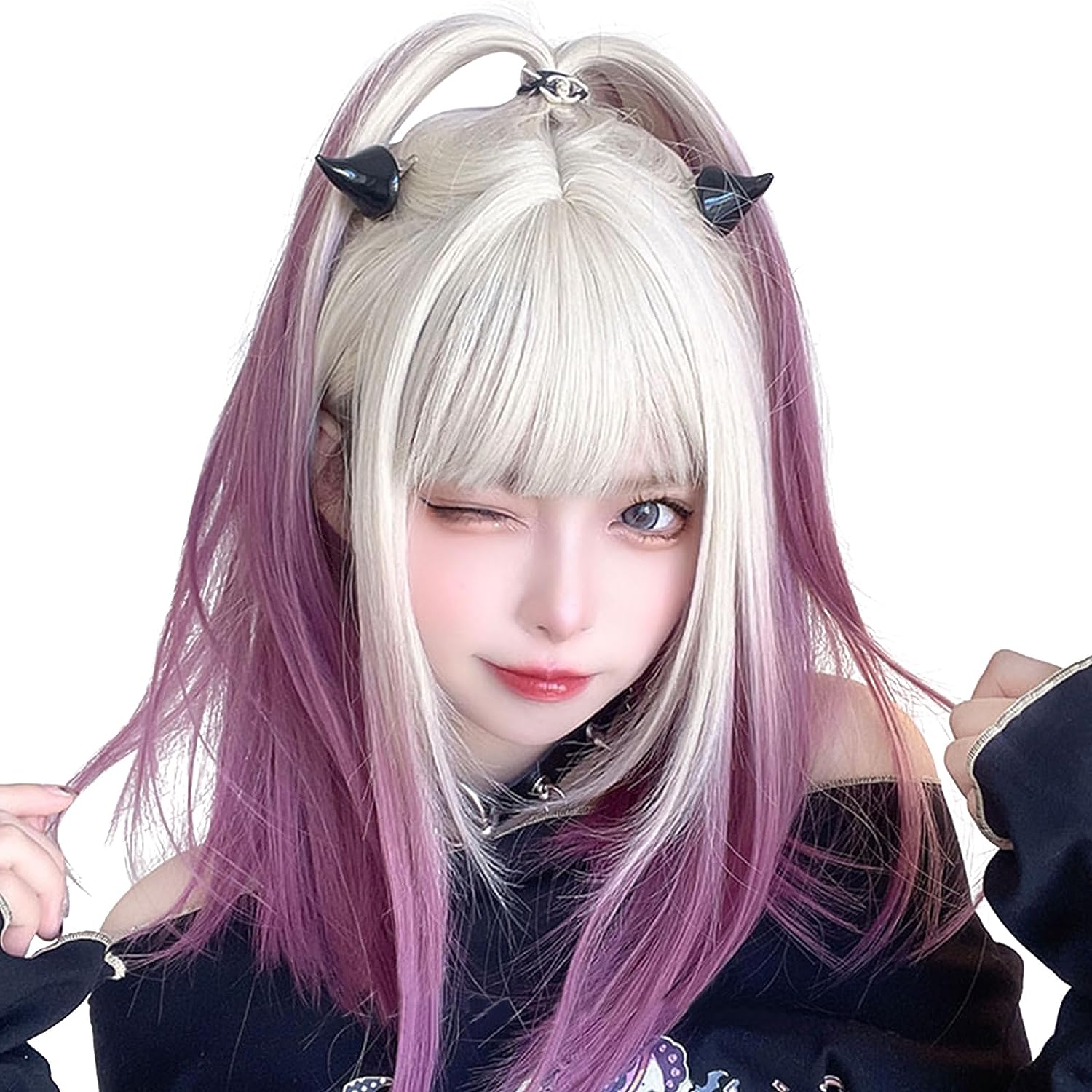 FESHFEN ウィッグ セミロング ミディアム かつら フルウィッグ 女装 wig ストレート サラサラ ぱっつん ファッション 日常 コスプレ ロリータ 人気 小顔 可愛い 耐熱 ネット/櫛付き ホワイトパープル