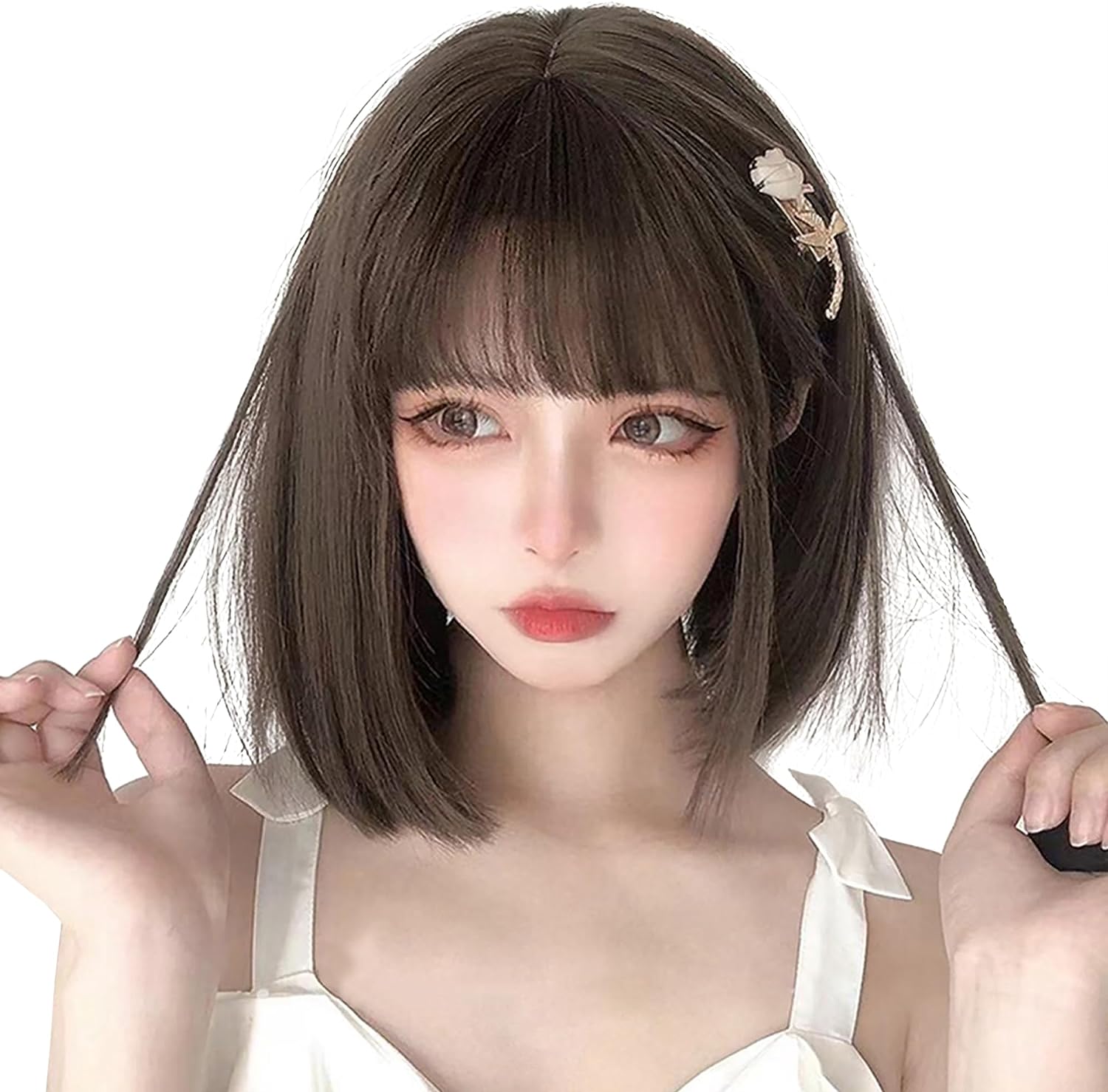 FESHFEN ウィッグ ボブ ショート フルウィッグ かつら レディーズ 女性用 女装 ストレート カツラ 女装 wig 自然 小顔効果 ハロウィン 原宿系 ロリータ ぱっつん前髪 耐熱 ネット/櫛付き クールブラウン