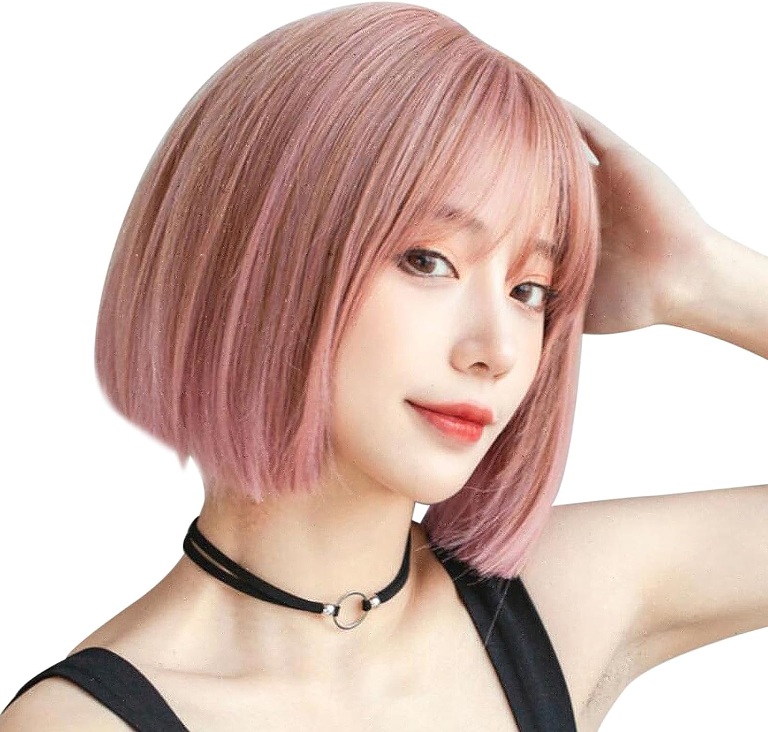 FESHFEN ウィッグ ボブ ショート フルウィッグ かつら レディーズ 女性用 女装 ストレート カツラ 女装 wig 自然 小顔効果 ハロウィン 原宿系 ロリータ ぱっつん前髪 耐熱 ネット/櫛付き チェリーピンク