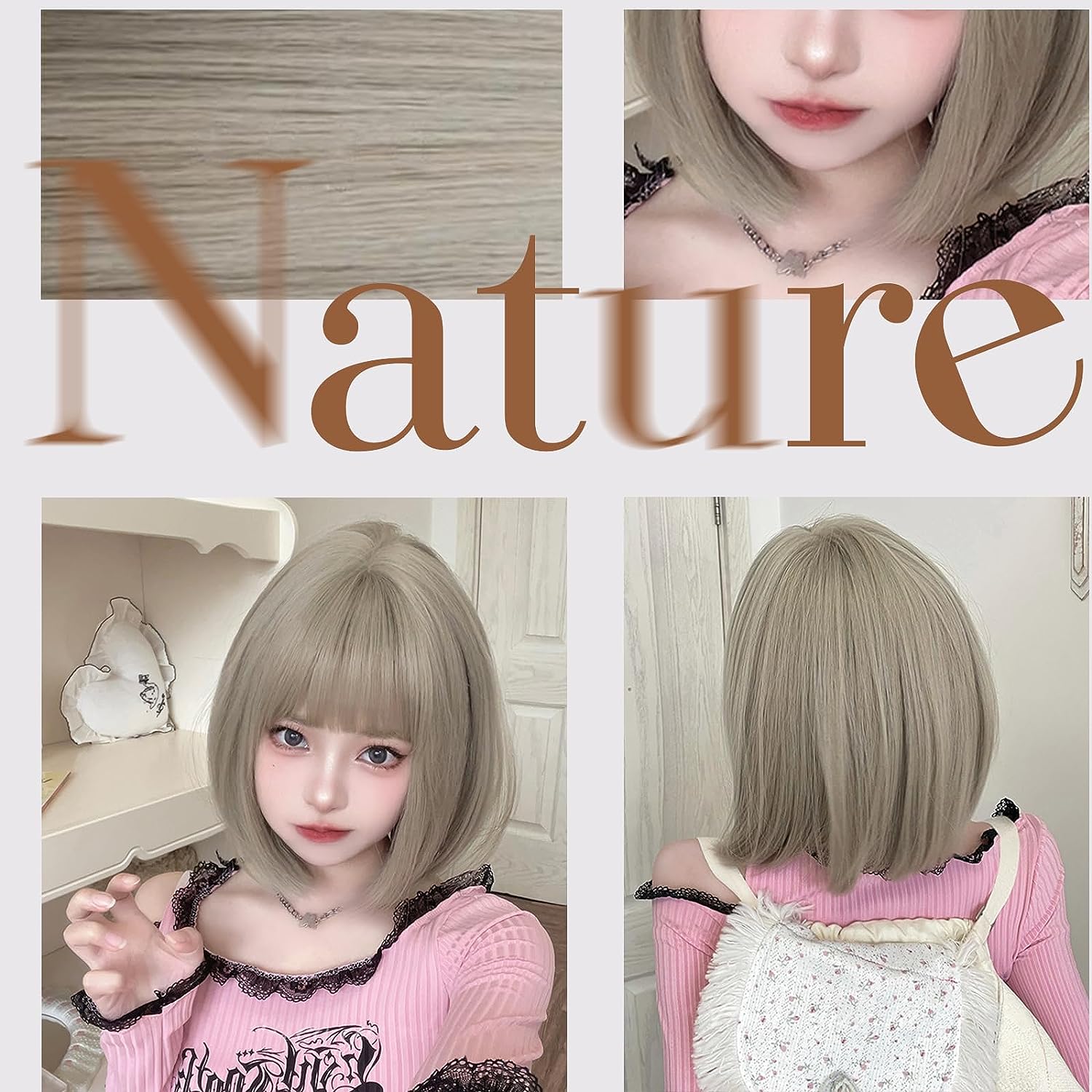 FESHFEN ウィッグ ショート ボブ フルウィッグ レディーズ ストレート 女性用 女装 自然 かつら ショートwig おしゃれ ぱっつん前髪 小顔 ファション ナチュラル 普段使い 日常 耐熱 ネット/櫛付き グリーンヘイズ